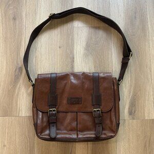 Fossil Leather Messenger Bag Two-Tone Brown Flap Top Laptop Soft Briefcase